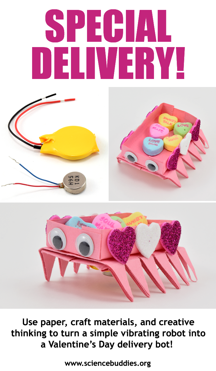 Three photos show a pink valentines themed vibrobot carrying heart-shaped candies