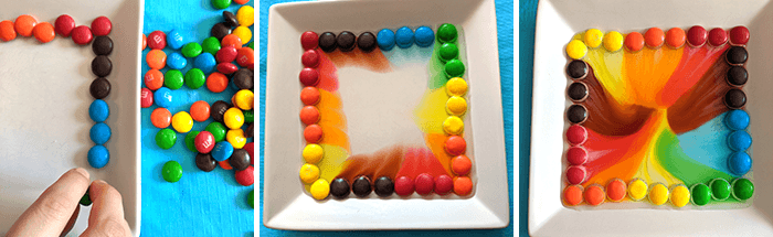Three images showing candies being placed around the rim of a plate and then the colors spreading and mixing after water is added