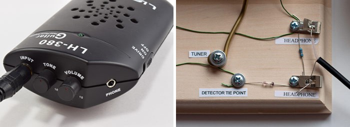 Photo of a handheld amplifier next to a photo of two leads connected to both headphone clips of a homemade crystal radio