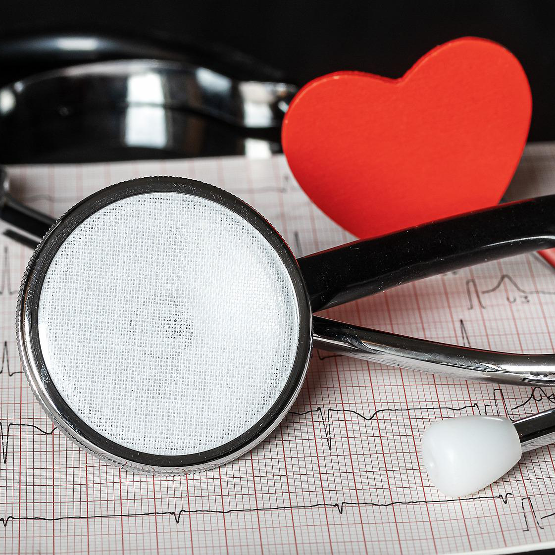 Stethoscope on a printout of a heart health test