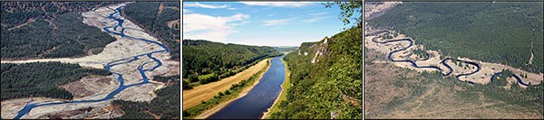 Three images showing aerial views of different river channel patterns. The left images shows a braided river channel, the middle image shows a straight river channel, the right image shows a meandering river channel.