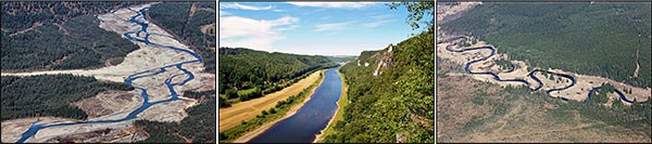  Three images showing aerial views of different river channel patterns. The left images shows a braided river channel, the middle image shows a straight river channel, the right image shows a meandering river channel. 