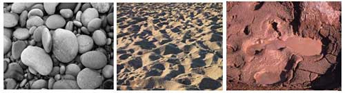 Side-by-side images of pebbles, sand and clay