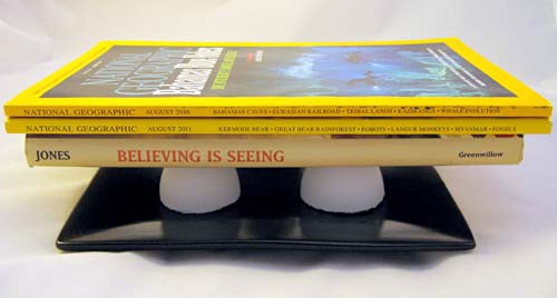 A book and two magazines rest on three halved eggshells