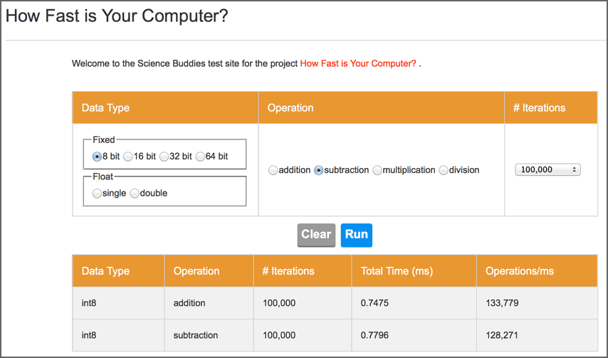 A web page on the Science Buddies test site to test your computer