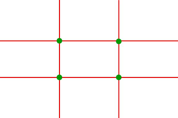 Four red lines create an evenly spaced grid with green dots marking where the lines intersect