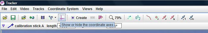 An option for displaying a coordinate axis is highlighted in the navigation bar in the Tracker program