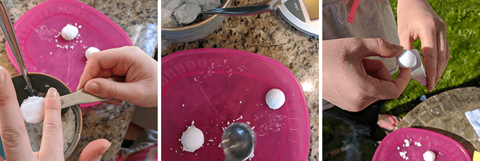 Student making tablets from baking soda and putting them in small paper pouches to put inside of the plastic egg