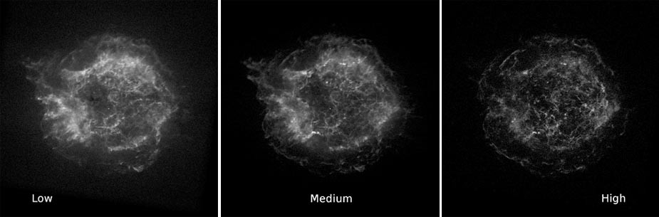 Three level adjusted x-ray images of a supernova at low, medium and high energy bands appear black and white
