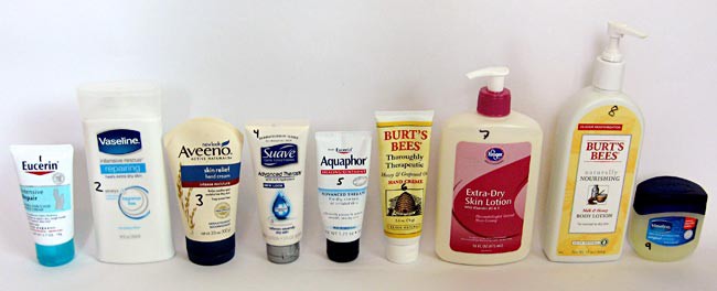 Nine different types of moisturizers are placed in a line and labelled one through nine