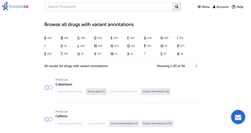 Screenshot of drugs listed alphabetically on PharmGKB.org