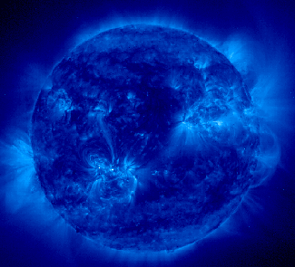 Photo of the Sun using an ultraviolet imaging telescope makes the sun appear dark blue