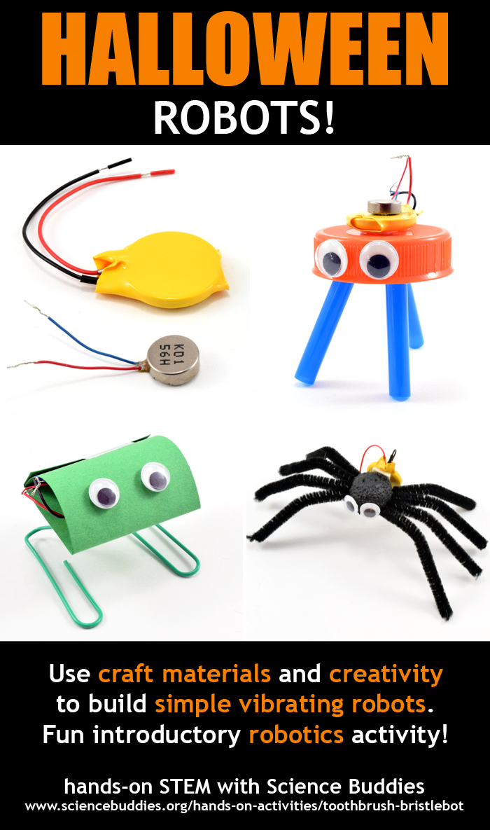 A small cell battery and motor next to three decorated vibrobots