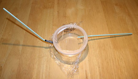 Two straws inserted into opposite side walls of a plastic container that is covered with plastic wrap