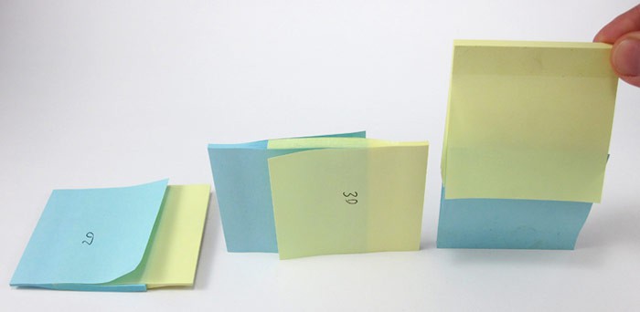 Two paper pads with the paper interlaced standing in three different orientations
