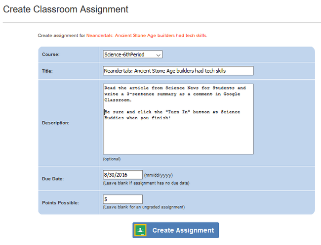 Cropped screenshot of an assignment being created for Google Classroom