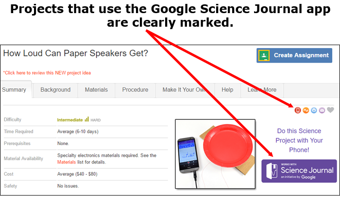 Cropped screenshot of a cell phone icon and Google Science Journal logo on a ScienceBuddies.org project summary page