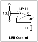 Circuit diagram of an operational amplifier wired to a resistor and LED