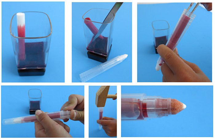 Six photos show a core soaking up dye then being sealed into a marker body where it can hydrate the marker tip