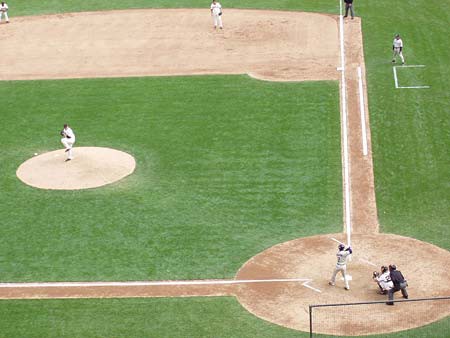 Aerial view of the home plate and pitchers mound during a baseball game