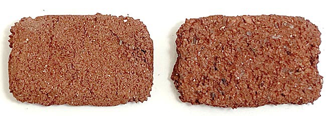 Two flat red-brown bricks, one set has a finer surface compared to the other set.