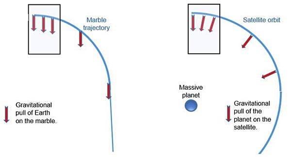Diagram compares the orbit of two objects acted on by gravity