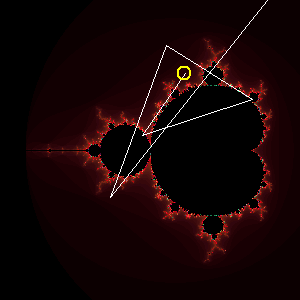 Diagram of a white line connecting different points of a fractal from a Mandelbrot set