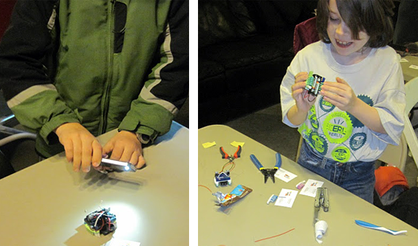Two photos side-by-side of students playing with a light-following bristle bot