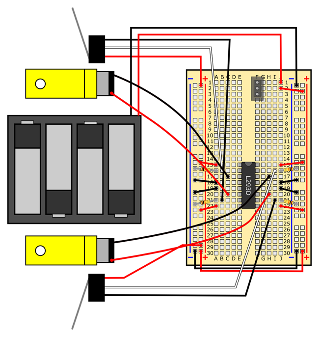 Breadboard diagram shows two spdt switches, two motors and a battery pack wired to a breadboard