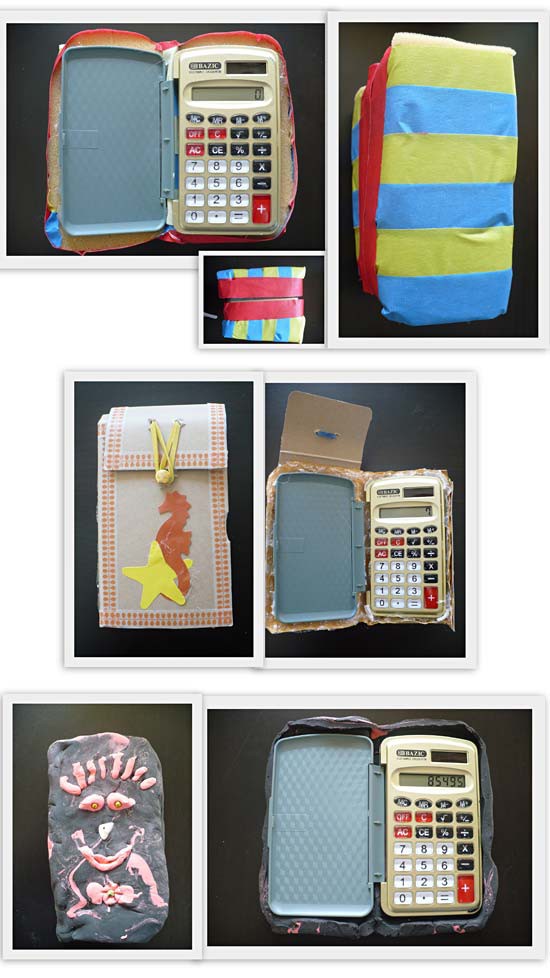 Three sets of images of decoration placed on calculator cases altered with foam rubber, modeling clay and bubble wrap