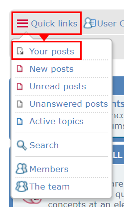 Cropped screenshot of a quick link drop-down menu in the Ask an Expert forum on ScienceBuddies.org