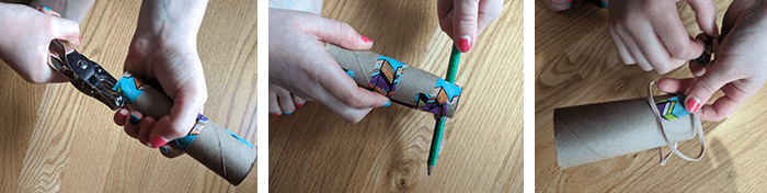 Three photos showing punching a hole, inserting a pencil, and taping rubber bands as part of cottonball launcher assembly