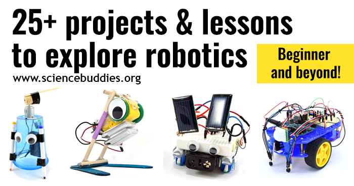Images of Artbot, Advanced Bristlebot, Bluebot, and Vibrobot robots to represent collection of STEM lessons and activities to teach about robotics