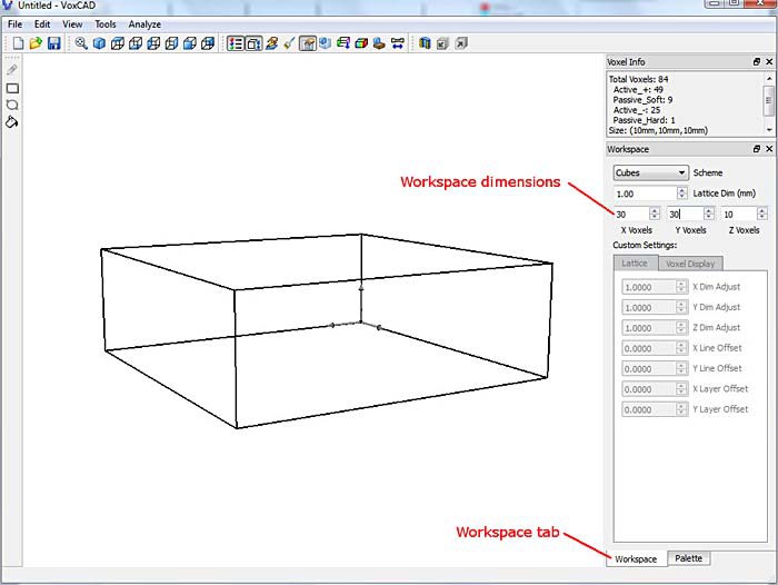 Screenshot of the workspace tab in the program VoxCAD