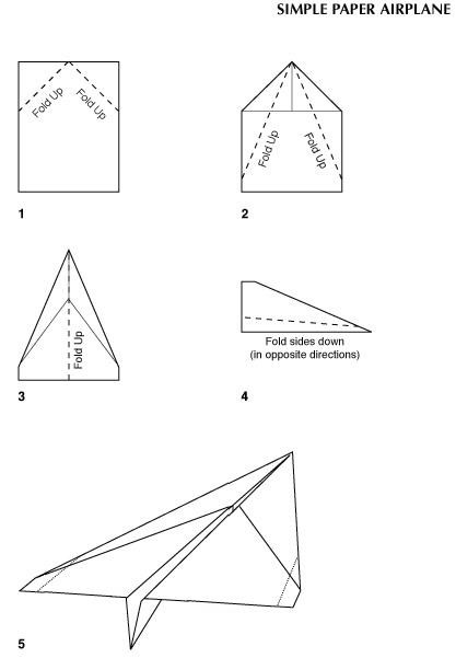 Diagram shows how to fold a sheet of paper into a paper airplane