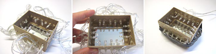LEDs are inserted into a box through pre-drilled holes and held in the center with glue
