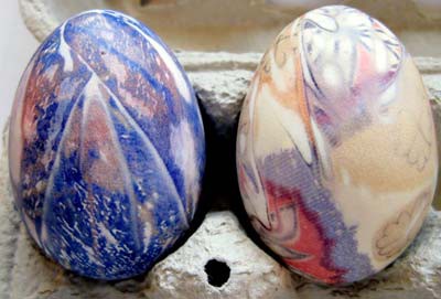 Two dyed eggs side-by-side