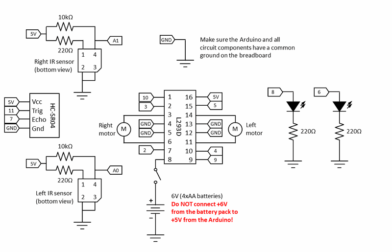 Circuit diagram for connecting the H bridge, ultrasonic sensor, infrared sensors, and LEDs to the Arduino to build a self-driving robot car 