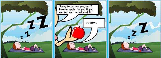 Three panel comic of a sleeping woman waking up to answer a question for an apple