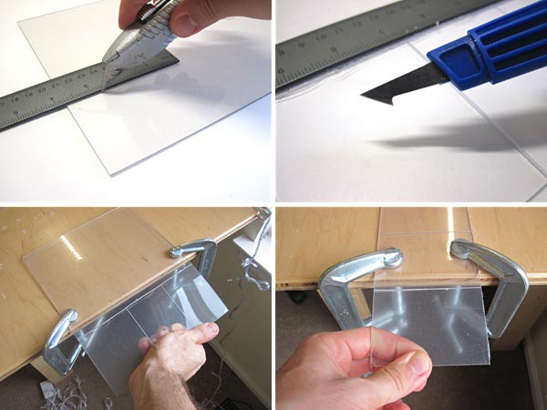 Scoring plexiglass with utility knife or plastic-cutting knife and bending the glass to snap it on the score line