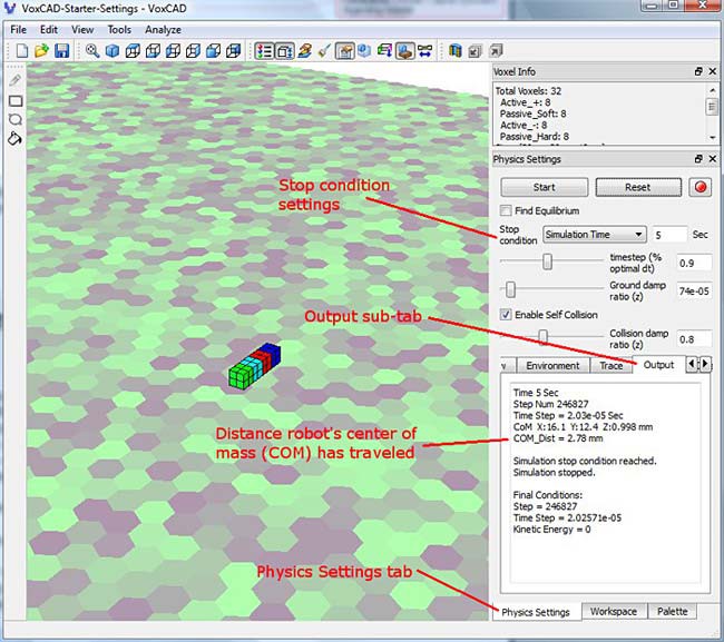 Screenshot shows the data of a moving object in the program VoxCAD