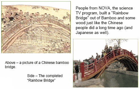 Photo of a drawing of a bridge made from bamboo next to a photo of the same bridge made from bamboo