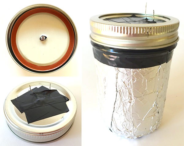 A mason jar is wrapped in aluminum foil and a photoresistor is placed through the lid with the lead wires facing outward