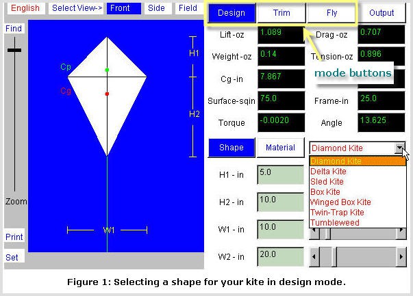 Screenshot of a kites shape in design mode in the Kite Simulator program