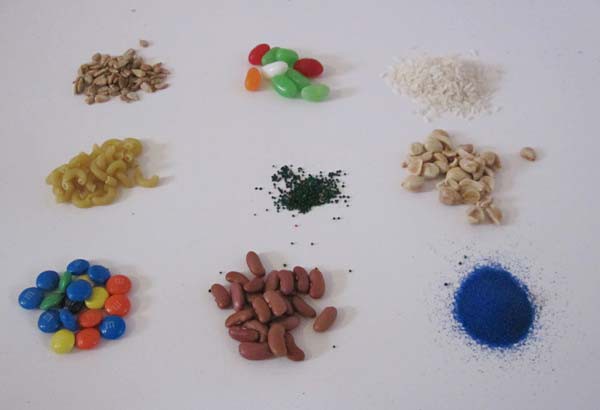 Nine different granular materials vary in shape and size
