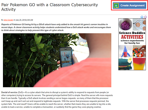 Cropped screenshot of a Create Assignment button highlighted on a Science Buddies blog article