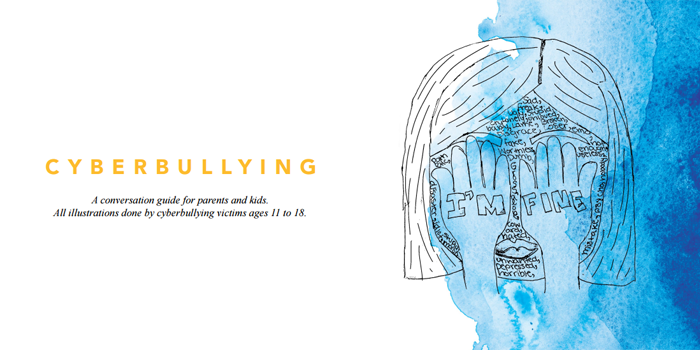 Drawn banner labeled cyberbullying shows a child crying into their hands
