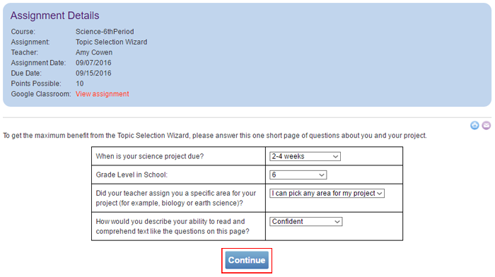 Cropped screenshot of a Google Classroom assignment details box above a questionnaire