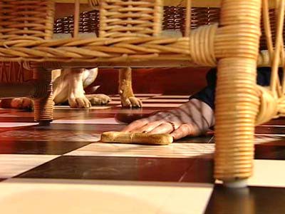 A treat tied to a string is placed under a couch while a dog watches