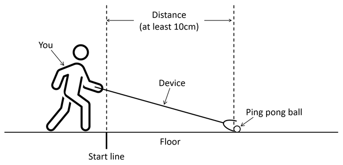 Diagram showing a side view of how to measure the distance between the start line and the ping pong ball.